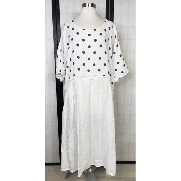 100% Lin Blanc Polka Dot Linen Dress. Size: 54 L/XL - Picture 1 of 10